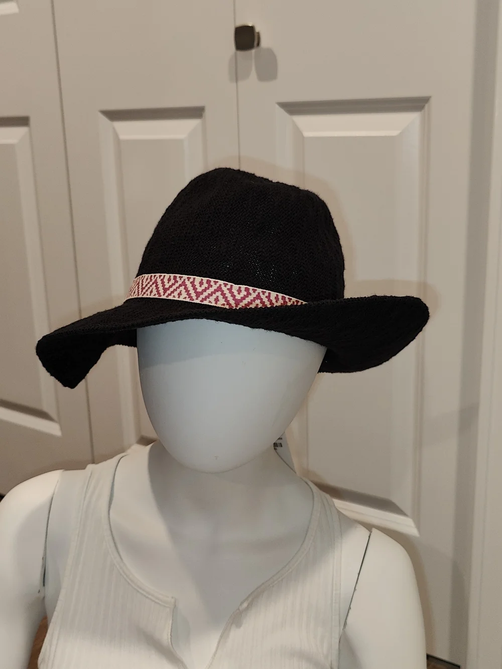 Hollister Black Wide-Brim Fedora with Pink Geometric Band